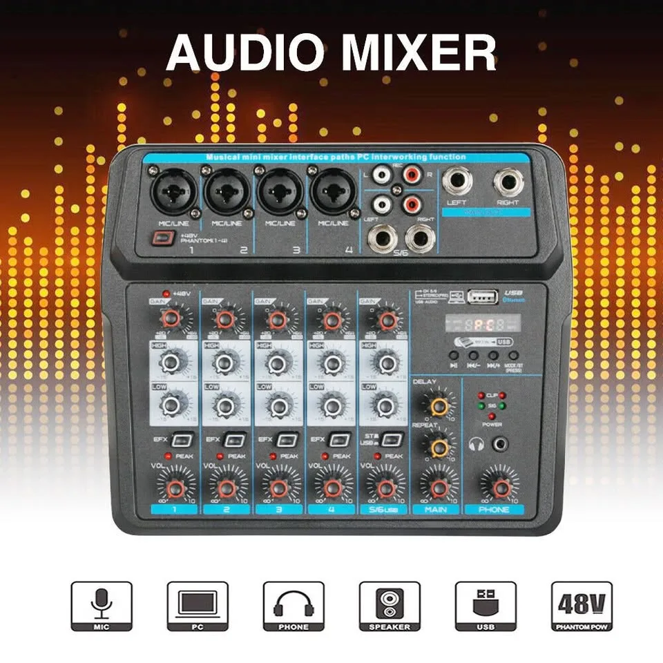 Consola de audio 6 canales debra bluetooth mixer interfaz pc